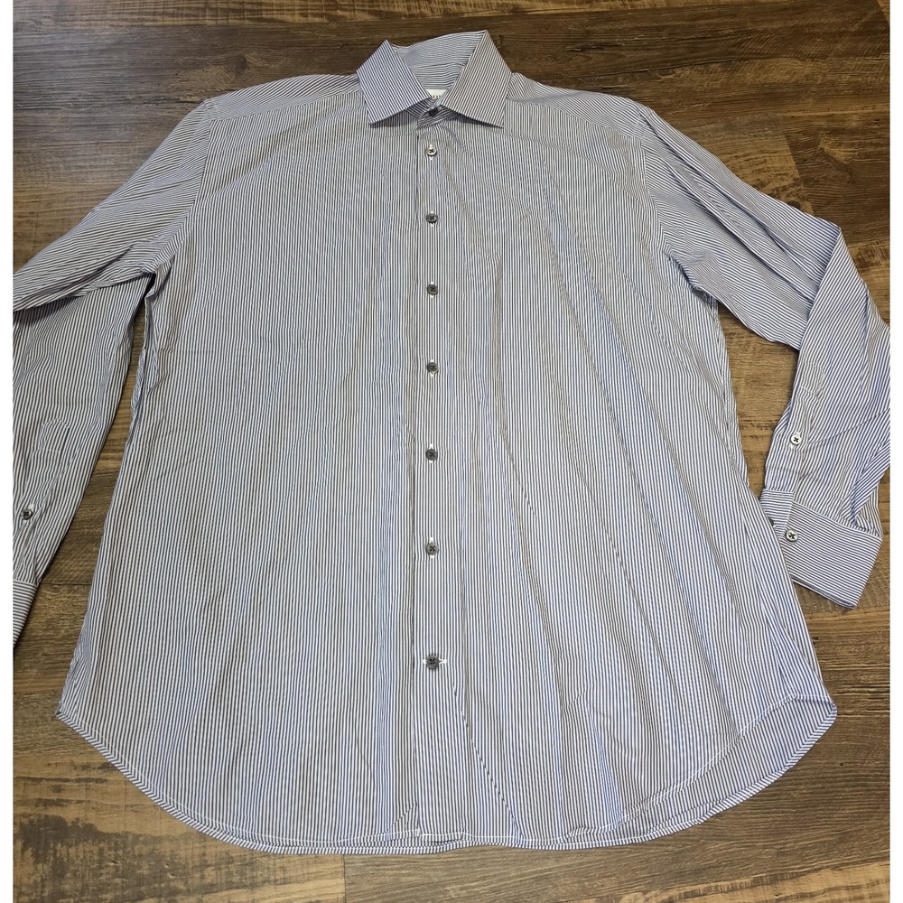Armani Collezioni Men's 15.5 Gray/White Striped Cotton Long Sleeve Button-Up
